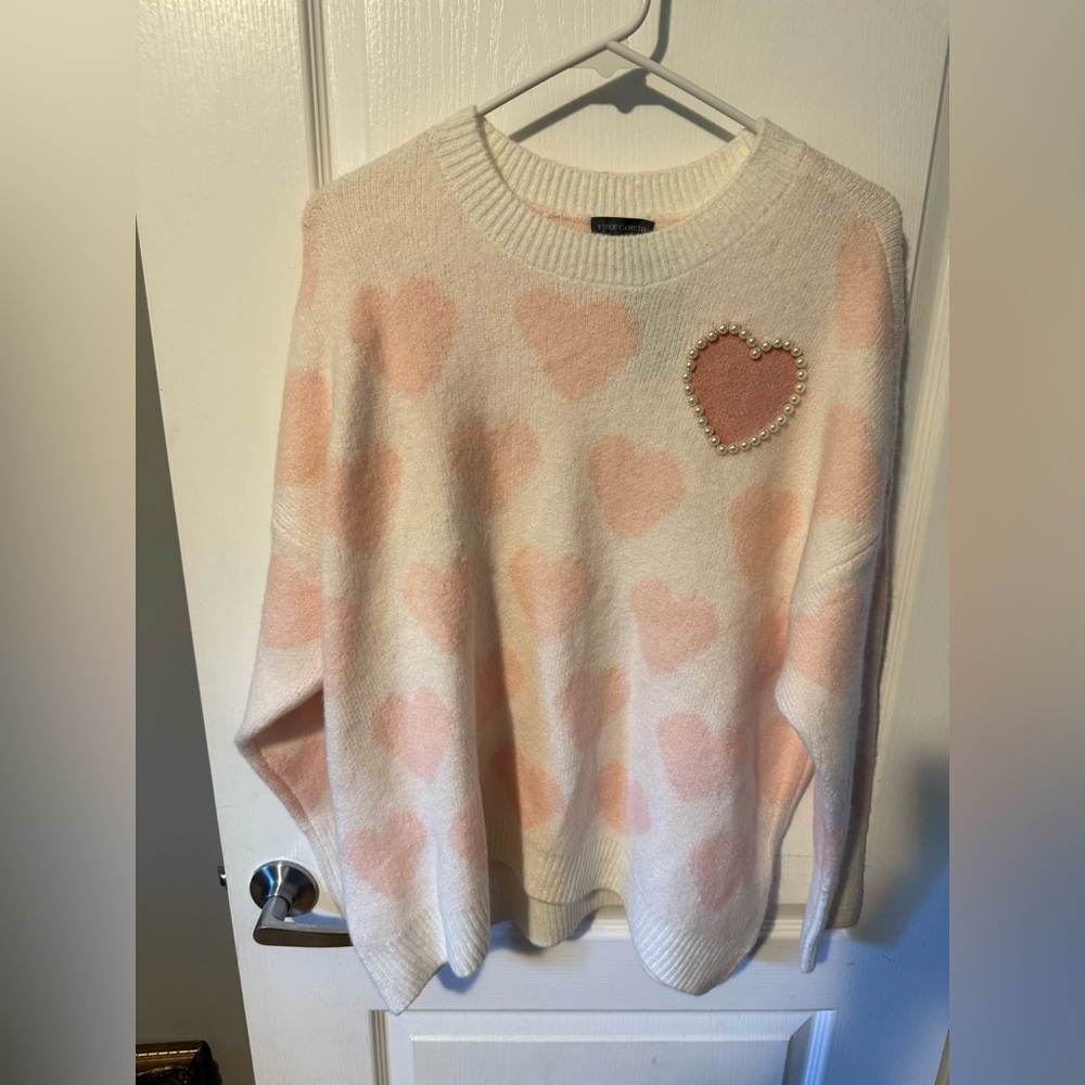 White and Pink Heart Sweater